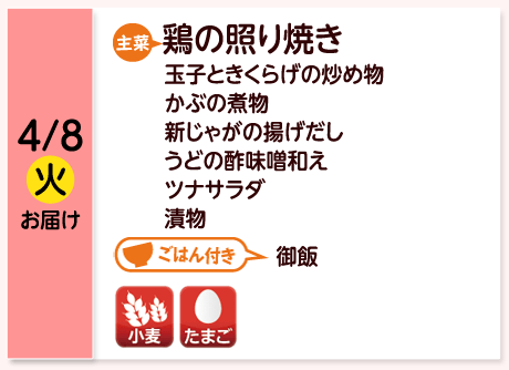 4/8（火）お届け【主菜】鶏の照り焼き／玉子ときくらげの炒め物／かぶの煮物／新じゃがの揚げだし／うどの酢味噌和え／ツナサラダ／漬物／【ごはん付き】御飯／【アレルゲン】小麦・たまご