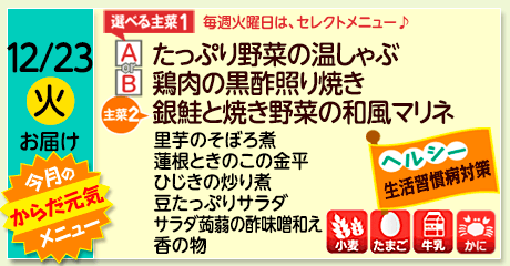 12/23（火）お届け【選べる主菜(1)】A- たっぷり野菜の温しゃぶ／ B-鶏肉の黒酢照り焼き／【主菜(2)】銀鮭と焼き野菜の和風マリネ／里芋のそぼろ煮／蓮根ときのこの金平／ひじきの炒り煮／豆たっぷりサラダ／サラダ蒟蒻の酢味噌和え／香の物／【アレルゲン】小麦・たまご・牛乳・かに