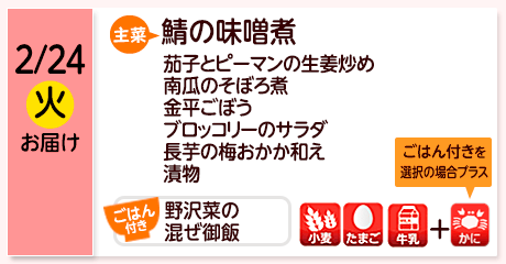 2/24（火）お届け【主菜】鯖の味噌煮／茄子とピーマンの生姜炒め／南瓜のそぼろ煮／金平ごぼう／ブロッコリーのサラダ／長芋の梅おかか和え／漬物／【ごはん付き】野沢菜の混ぜ御飯／【アレルゲン】小麦・たまご・牛乳／ごはん付きの場合＋かに