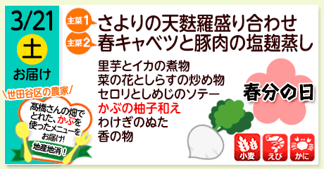 3/21（土）お届け【主菜(1)】鶏肉と大根の旨煮／【主菜(2)】さよりの天麩羅盛り合わせ／【主菜(2)】春キャベツと豚肉の塩麹蒸し／里芋とイカの煮物／菜の花としらすの炒め物／セロリとしめじのソテー／かぶの柚子和え／わけぎのぬた／香の物／【アレルゲン】小麦・えび・かに